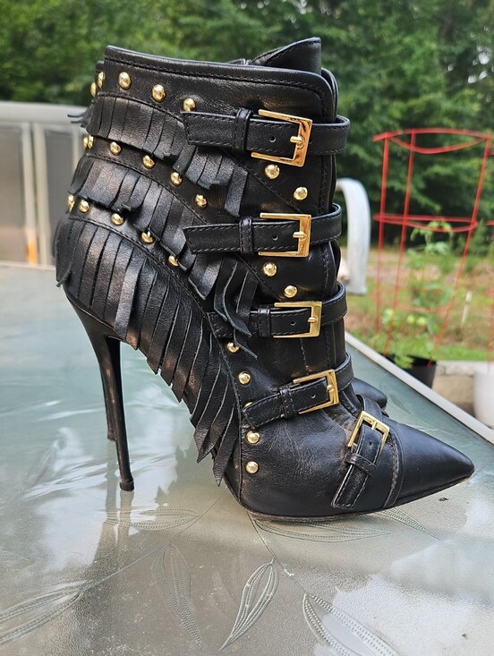 Giuseppe Zanotti Shoes - Giuseppe Zanotti Black Fringe High Heel Ankle Boot with Gold Buckles